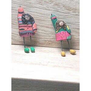 Vintage Set Of 2 Handmade American Clay Art  Miniature Lady Figures dolls